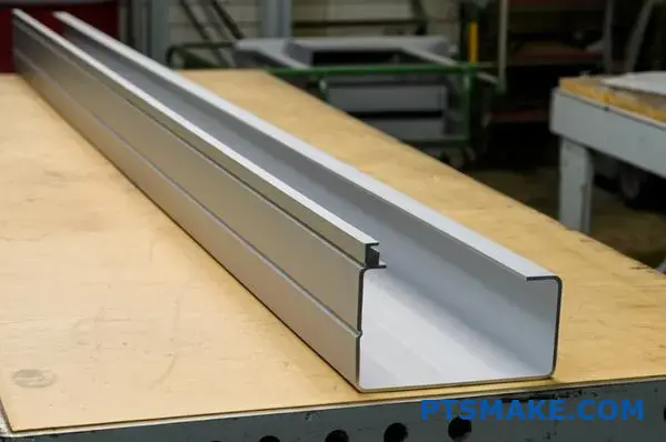 Smoothly bent aluminum channel extrusion with silver matte finish on workbench