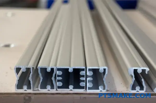 Cleanly cut and drilled aluminum channel extrusions with tight tolerances on table
