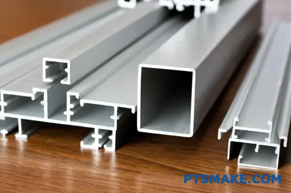 Different shapes of aluminum channel extrusions on a wooden desk