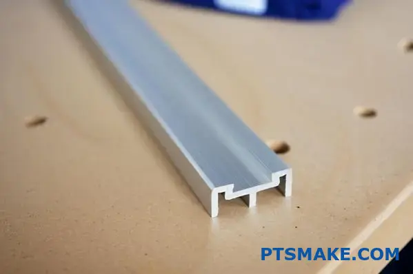 Smooth silver aluminum U-channel extrusion with brushed finish on metal table