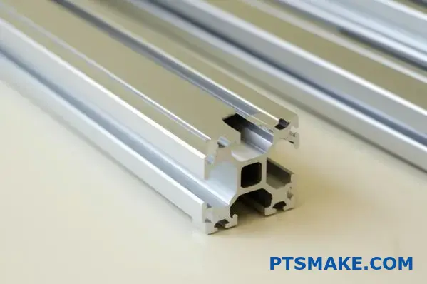 Silver aluminum T-slot channels with modular connection grooves on workshop table