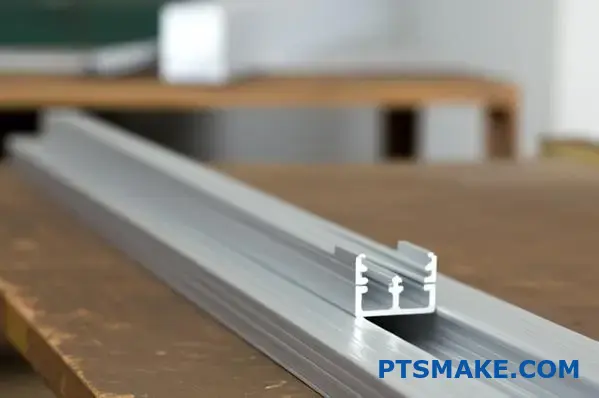 Brushed silver aluminum channel extrusion lying on workbench with clear metallic details