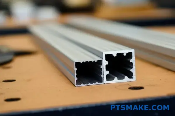 smooth silver extruded aluminum channel profiles with clean edges on workshop table