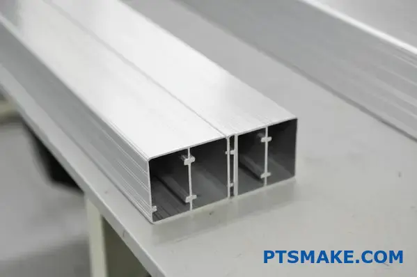 Smooth welded joints on silver aluminum channel extrusions in workshop