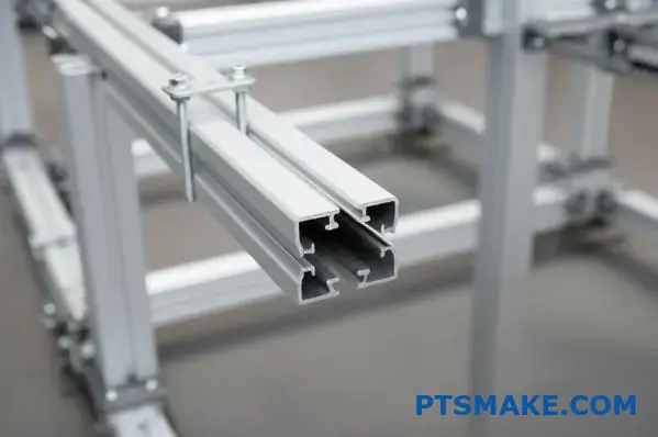 assembled aluminum channel extrusions with bolts and brackets in a workshop