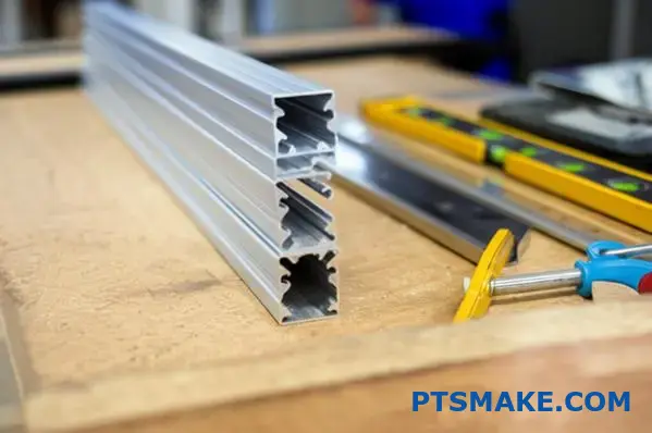 Precise aluminum channel extrusions aligned with tools in industrial workshop