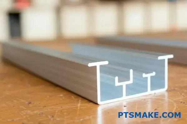 Detailed aluminum channel extrusion showing dimensions and surface texture
