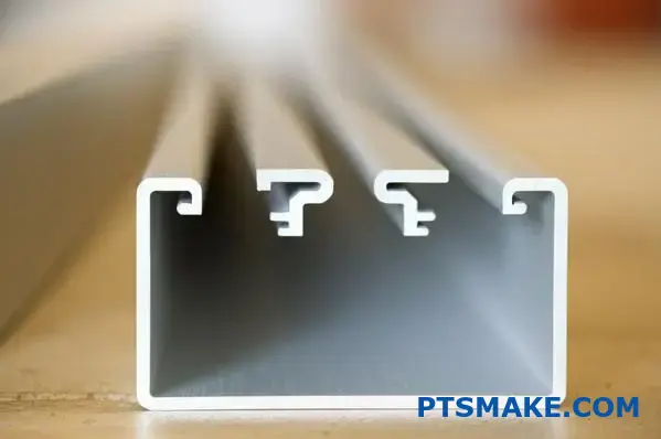 close-up of silver aluminum U channel profile with sharp edges and clear surface