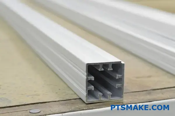 Silver aluminum channel extrusions with smooth polished finish on industrial workbench