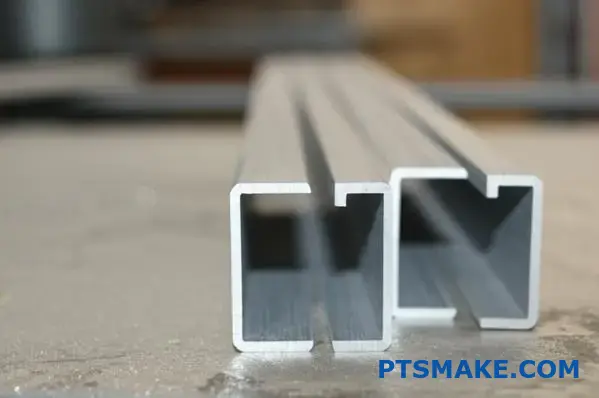 Aluminum C-profile channel with thick walls and deep sides on workshop table