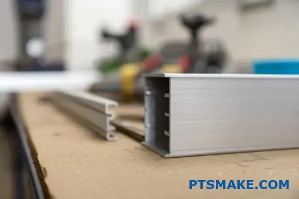 silver aluminum channel profile with brushed texture on workbench