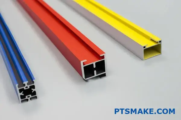 Brightly powder coated aluminum channel extrusions in red, blue, and yellow