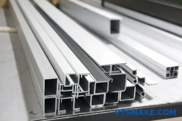 Silver aluminum profiles by aluminum extrusion manufacturer on workshop table