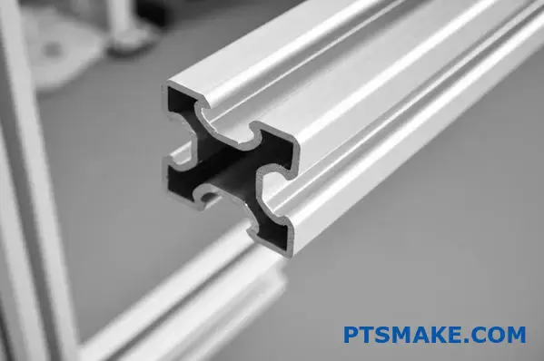 Detailed view of modular aluminum extrusions by extrusion framing manufacturer