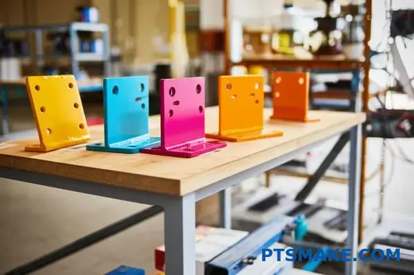 Vivid powder coated metal pieces showing different colors and finishes