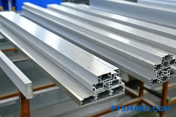 Neatly arranged aluminum extrusions showcasing quality manufacturing standards
