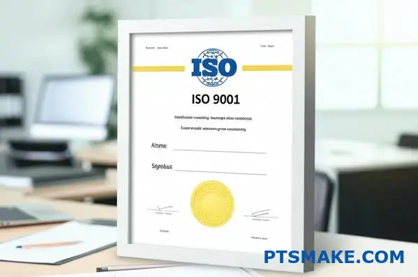 ISO 9001 framed certification from reliable aluminum extrusion manufacturer on desk