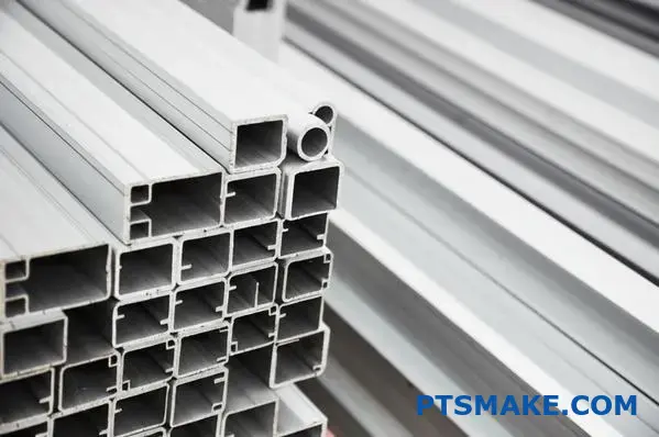 Stack of silver extruded aluminum profiles from extrusion company with smooth surface finish