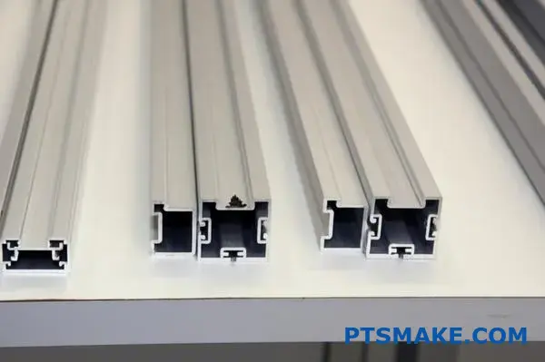 Silver brushed aluminum profiles displayed by aluminum extrusion manufacturer on workbench