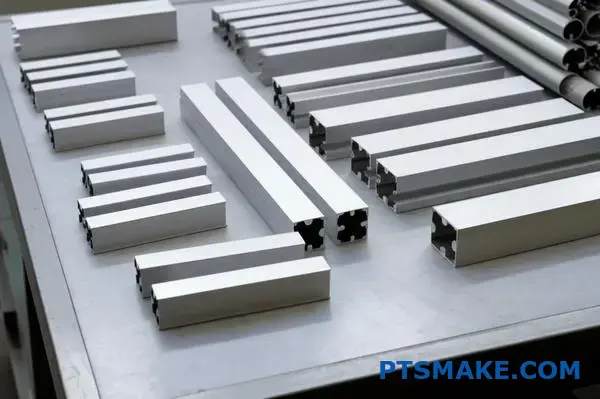 Various extruded aluminum profile samples from an Aluminum Extrusion Manufacturer