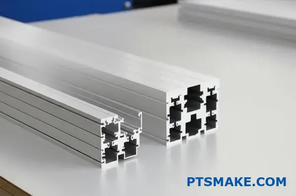 Clean silver aluminum extrusion manufacturer profiles with simplified design on workshop table