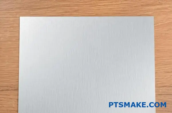 hladký hliníkový panel s vrstvou prírodného oxidu na povrchu dreveného stola