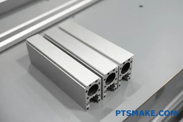 Precision engineered lightweight custom aluminum profiles with brushed surface arranged neatly