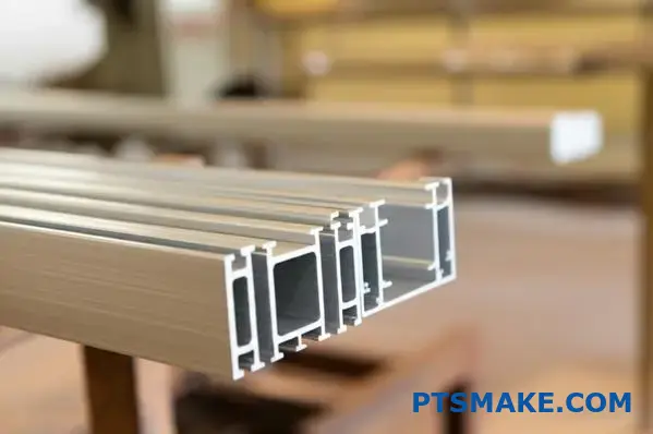 Different wall thickness custom aluminum profile cross sections on workshop table