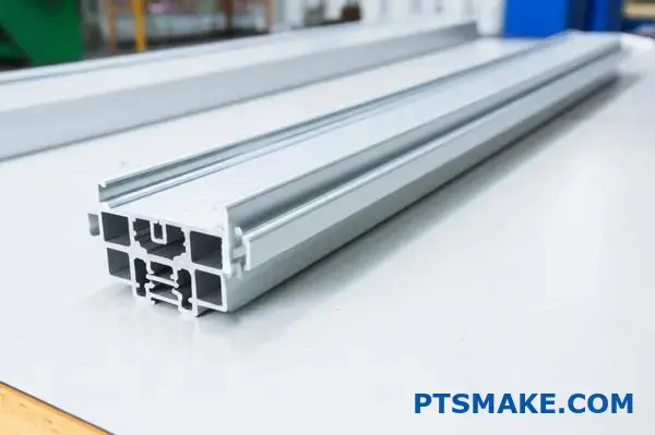 Detailed view of custom aluminum extrusion showing wall thickness and flatness