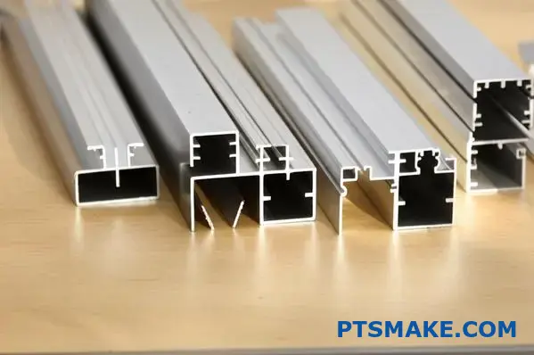 multiple custom aluminium extrusion profiles with different shapes on workbench