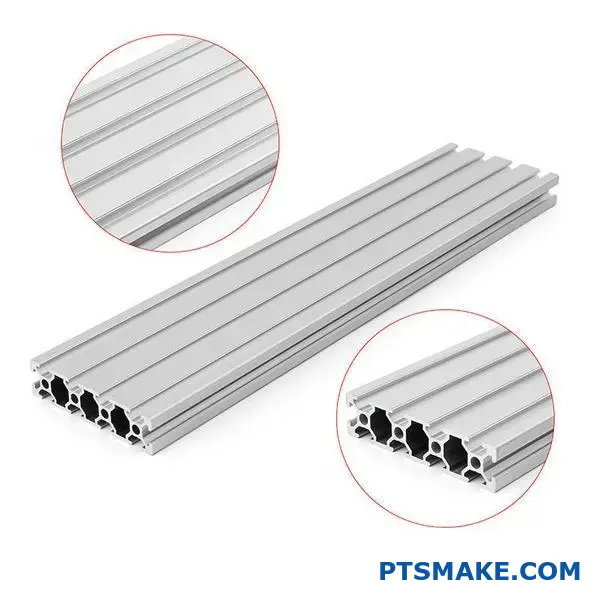 Close-up of aluminum channel extrusions with brushed metallic surface and structural details