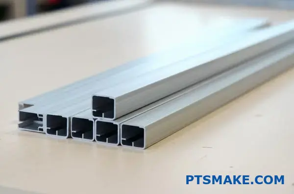 Cleanly cut silver aluminum profile with sharp edges for custom fabrication