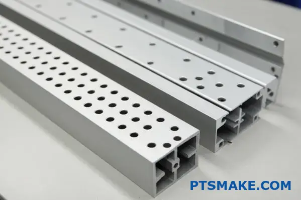 punched and drilled aluminum profiles showing precise holes and patterns