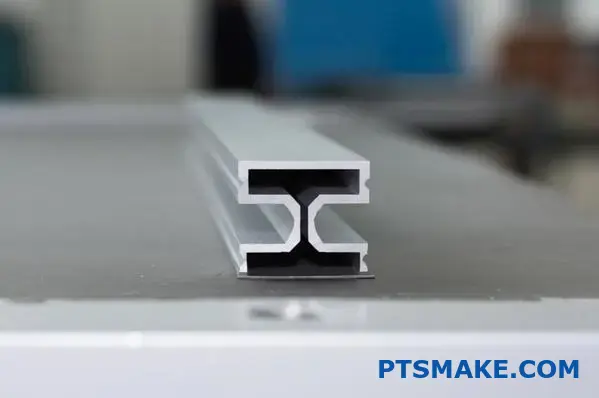 Smooth custom aluminum extrusion with simple cross-section design on workbench
