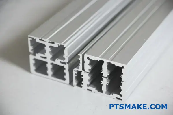 Close-up of custom silver aluminum profiles with smooth matte finish and complex cross-sections