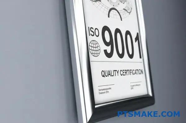 ISO 9001 quality certificate framed on wall, quality control document photo